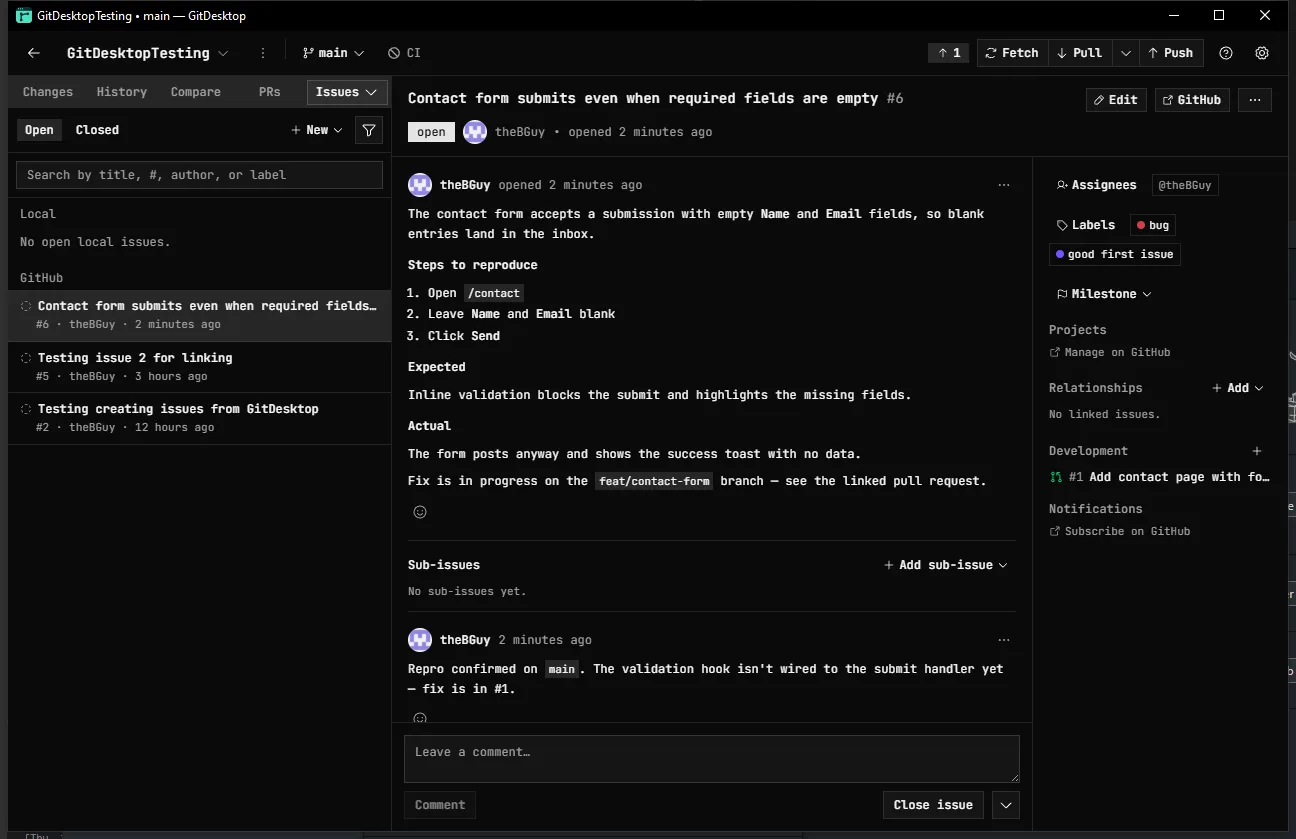 An issue in GitDesktop: a bug report with labels, an assignee, a linked pull request in the Development panel, and a comment thread