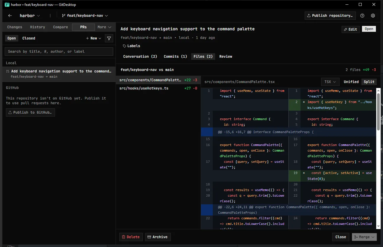 A private local pull request with its diff and a Merge action, entirely on-device