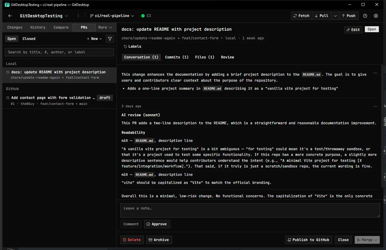 An AI code review on a local pull request: should-fix and nit findings with code references and an inline severity